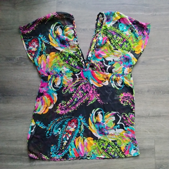 Miken V-Neck Colorful Floral Sheer Swim Cover Up Tunic Size Small Made in USA - Picture 5 of 13